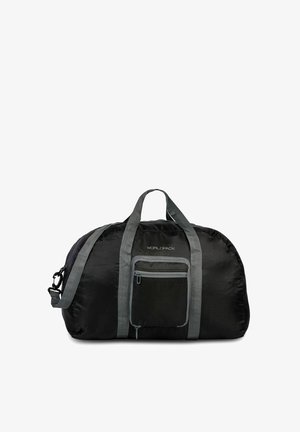 Sac de sport noir en matériau léger avec des sangles grises, une poche avant zippée et une forme arrondie. Surface texturée avec des motifs en diagonale.