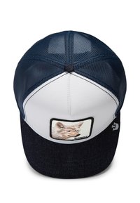 Cappellino da camionista con retro in rete blu navy e pannello frontale bianco. Presenta una toppa con un'illustrazione di volpe con bordo nero; visiera in denim scuro.