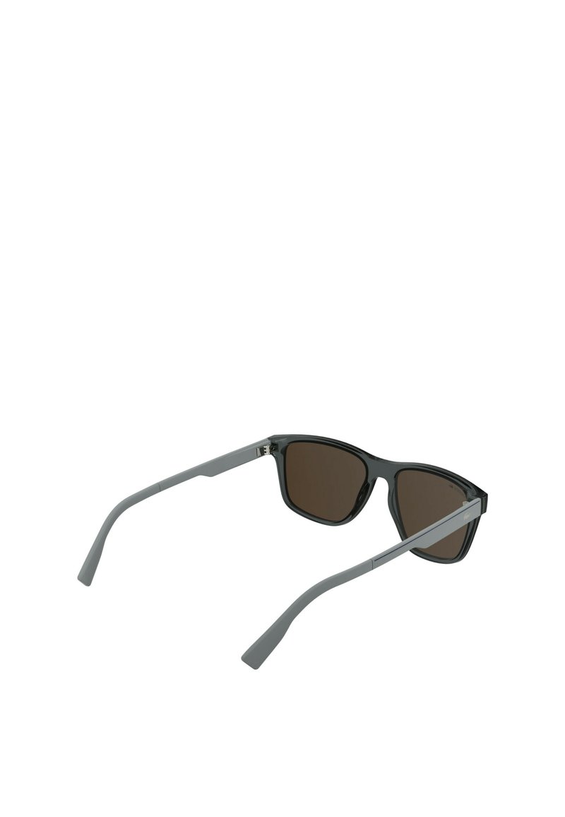 Sunglasses with a black plastic frame and gray arms, featuring brown tinted lenses. Square shape with a matte finish on the arms.