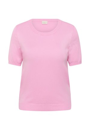 Pulover cu mâneci scurte, tricotat, de culoare roz deschis, cu decolteu rotund și manșete și tiv cu efect striat.