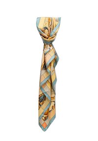 Silk scarf featuring a cream and blue color scheme, intricate patterns, a smooth texture, and a contrasting border design.