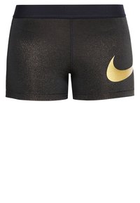 Black athletic shorts with a shiny texture, featuring a prominent gold Nike swoosh logo on the left side and a dark waistband.