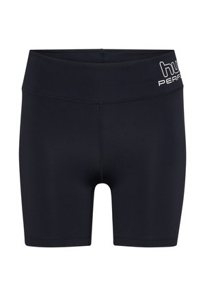 Zwarte sportshorts van rekbaar materiaal, met een brede tailleband en minimale stiksels. Het merk "hugo" is in het wit op de zijkant gedrukt.