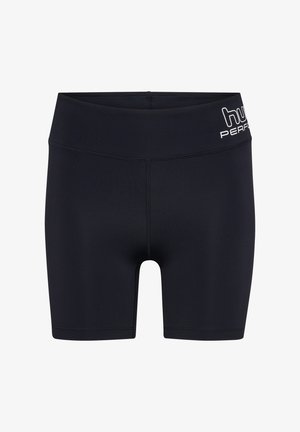 Czarne szorty sportowe wykonane z elastycznego materiału, z szerokim pasem i minimalnym przeszyciem. Marka "hugo" jest nadrukowana na boku na biało.