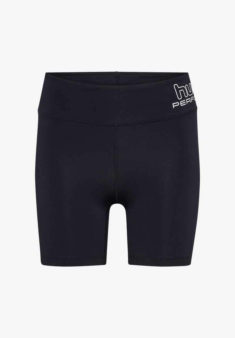 Svarta sportshorts i stretchmaterial med ett brett midjeband och minimal sömnad. Varumärket "hugo" är tryckt i vitt på sidan.