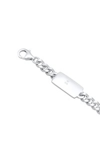 Bracelet en chaîne argentée avec une étiquette d'identification rectangulaire lisse. Doté d'un fermoir en homard et d'une surface polie et réfléchissante. Gravé "925".