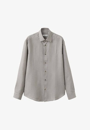 Grijs shirt met lange mouwen en witte verticale strepen, knopen aan de voorkant en een klassieke kraag, weergegeven op een witte achtergrond.