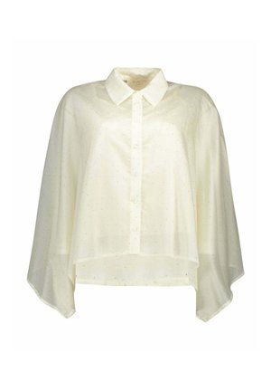 Camicia color avorio con bottoni, colletto a punta, vestibilità morbida e motivo a pois sottile, mostrata su sfondo bianco.