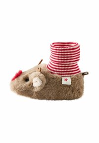 Chausson en peluche marron en forme de souris, avec un poignet tricolore rouge et blanc en tricot, des accents roses, et une petite étiquette avec une étoile.