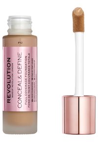Revolution Conceal & Define -meikkivoide on frosted-lasipullossa, jossa on ruusukultainen korkki. Applicatorissa on pehmeä ja pörröinen rakenne. Väri F12.