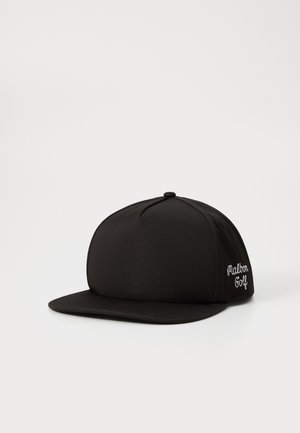 Black cap featuring a flat brim, structured design, and embroidered "Malbon Golf" logo. Made from smooth fabric with a seamless finish.