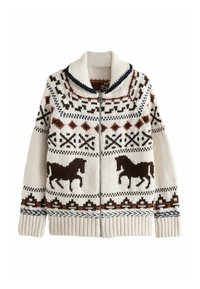 Knitted cardigan featuring a cream base with brown horse patterns, geometric designs in dark brown and rust, and a zip closure with a ribbed hem.
