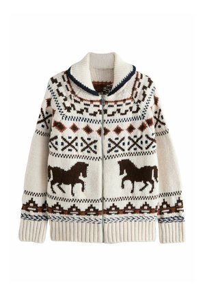 Knitted cardigan featuring a cream base with brown horse patterns, geometric designs in dark brown and rust, and a zip closure with a ribbed hem.