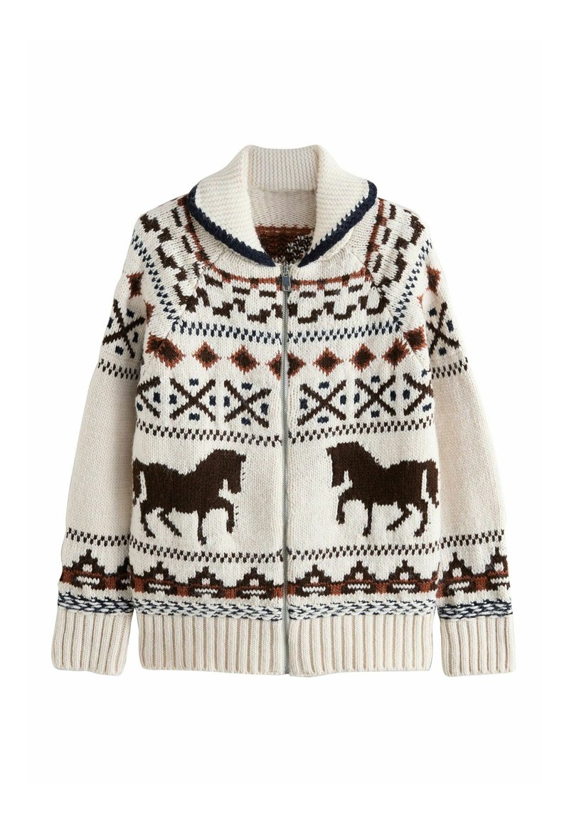 Knitted cardigan featuring a cream base with brown horse patterns, geometric designs in dark brown and rust, and a zip closure with a ribbed hem.