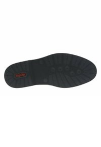 Suela de zapato de goma negra con superficie texturizada, que presenta un patrón circular y cinco puntos de agarre. Logo "rieker" grabado en rojo.