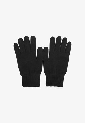 Fekete kötött kesztyű, bordás mandzsettával, ötujjas elrendezéssel és sima felülettel. Hideg időjárási használatra alkalmas.