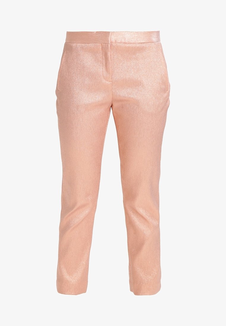 Pants in metallic light pink fabric, slim-fit design with a smooth texture, featuring side pockets and a tailored waistband.
