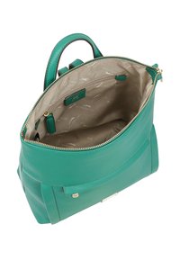 Teal leren handtas met een ritssluiting, voorzien van een gladde buitenkant, dubbele handvatten en een beige binnenvoering met subtiele branding.