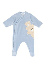 Světle modrý velurový overal pro miminka s dlouhými rukávy a kombinovaným designem na nohy. Obsahuje aplikaci medvídků na hrudi; zapínání ve stylu wrap. Měkká textura.