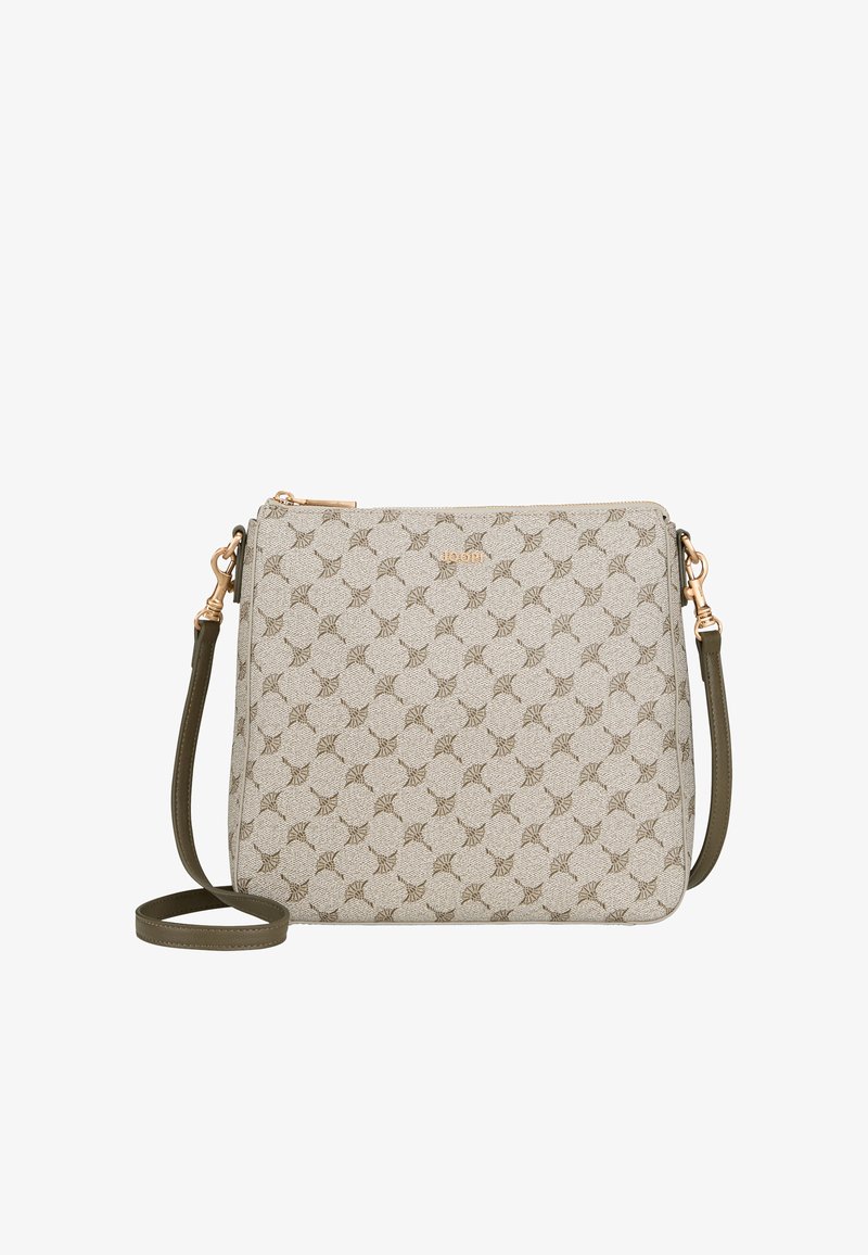 Gestructureerde beige handtas met een bruine geometrische print, gouden accenten en een olijfgroene schouderband. Met ritssluiting en slanke rechthoekige vorm.