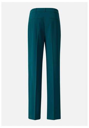 Teal wool trousers with a straight, relaxed fit. Features a smooth texture, two rear pockets, and a waistband with belt loops.