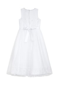 Weißes Kleid mit ärmellosem Design, besticktem Oberteil und Tüllrock. Mit Satinband-Gürtel und Blumenstickerei am Saum.