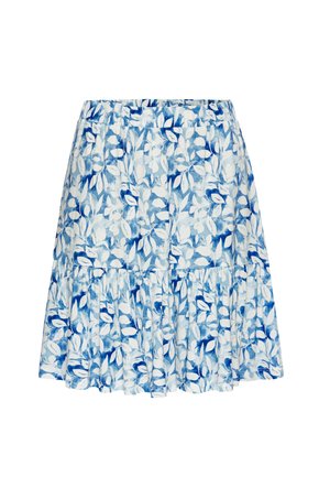 Blue and white floral patterned skirt with elastic waistband and ruffled hem, knee-length style.