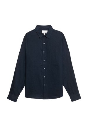 Sort skjorte med knapper, lange ærmer, krave og enkelte manchetknapper, lagt fladt ud på en hvid baggrund.