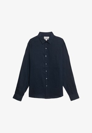 Sort skjorte med knapper, lange ærmer, krave og enkelte manchetknapper, lagt fladt ud på en hvid baggrund.