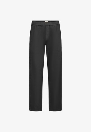 Zwarte elastische taille rechte pijpen broek met zijzakken, met het label "Solid" aan de achterkant van de tailleband, afgebeeld op een witte achtergrond.