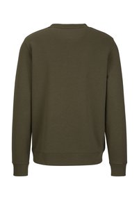 Olijfgroene sweatshirt, gemaakt van een zachte katoenmix, heeft een ronde hals, lange mouwen en geribbelde manchetten. Eenvoudig ontwerp in effen kleur.