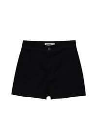 Shorts de tiro alto negros con cierre de botón y detalle de costura mínima, etiquetados como Pull&Bear, talla EUR 34.