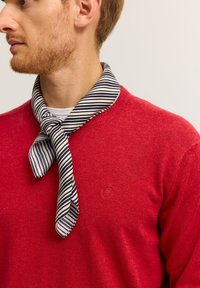 Roter Strickpullover mit Rundhalsausschnitt, dazu ein marineblauer und weiß gestreifter Schal, der um den Hals gebunden ist. Logo-Detail auf der Brust des Pullovers.