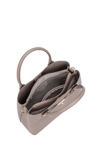 Borsa a mano in finta pelle grigia con manici doppi, una tasca interna con zip e un ampio scomparto principale dotato di una fodera chiara.