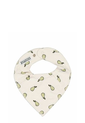 Baby hagesmæk med tryklås, cremefarvet baggrund og små gul-grønne pæreillustrationer spredt over stoffet.