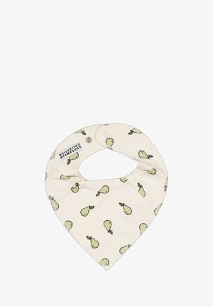 Baby hagesmæk med tryklås, cremefarvet baggrund og små gul-grønne pæreillustrationer spredt over stoffet.