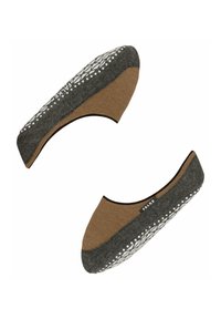 Pantofole da interno slip-on marroni e grigie con suole bianche antiscivolo a motivo e un piccolo etichetta con il logo "FALKE".