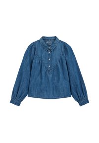 Denim garais piedurkņu krekls ar apkakles kaklu, pogu slēgšanu, savākta bodice detaļām un elastīgām aprocēm. Zilā mazgāšanā ar mīkstu tekstūru.