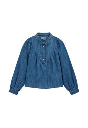 Denim-Hemd mit langen Ärmeln, Kragen, Knopfleiste, gerafften Details am Oberteil und elastischen Bündchen. Blau gewaschen mit weicher Textur.