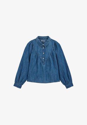 Farmer inguj, hosszú ujjú, galléros nyakkal, gombos elülső résszel, ráncos dekoltázs részletekkel és gumírozott mandzsettákkal. Kék mosású, puha tapintású.