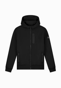 Zwarte hoodie-jack met een ritssluiting aan de voorkant, zijzakken en een gestructureerde capuchon. Glad materiaal met een getailleerde taille en boorden.