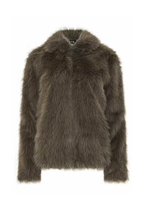 Chaqueta de pelaje sintético marrón con un cuello alto, mangas largas y un acabado suave y texturizado. Sin botones ni cierres visibles en la parte frontal.
