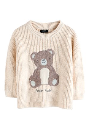 Cremefarbener Strickpullover mit brauner Teddybär-Applikation und dem Text ‚bear hugs‘ auf der Vorderseite, lange Ärmel, gerippter Kragen und Saum.
