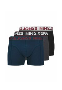 Drei Paar Boxershorts in Marineblau, Grau und Schwarz. Jedes Paar hat einen kontrastierenden, markierten Gummibund in Weiß und Maroon. Aus Baumwollmaterial.