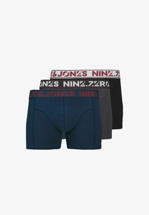 Three pairs of boxer shorts in navy, grey, and black. Each features contrasting branded waistbands in white and maroon. Cotton material.