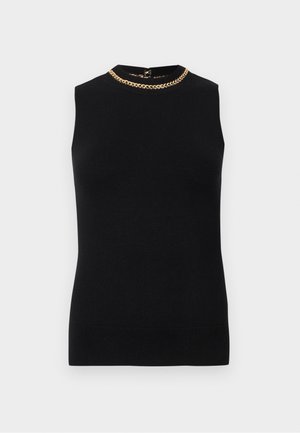 Black sleeveless sweater in knit fabric with a high neckline and gold chain accent at the collar, offering a sleek and structured design.