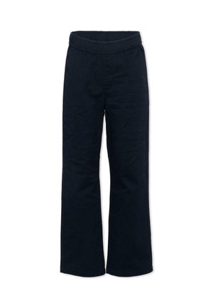 Czarne spodnie z elastyczną talią i prostymi nogawkami, bez widocznych kieszeni ani zdobień, pokazane na płasko na białym tle.