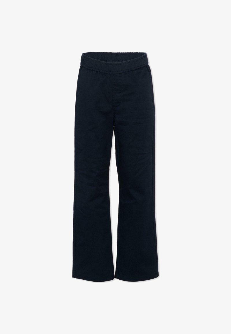 Pantalon noir à taille élastique avec jambes droites, sans poches visibles ni ornements, présenté à plat sur fond blanc.