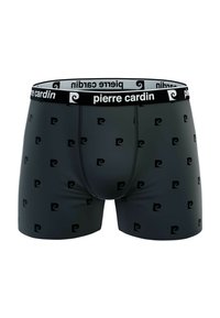 Boxer-briefs noirs avec un design ajusté, présentant un motif de petits logos noirs répété et une ceinture de marque contrastante.
