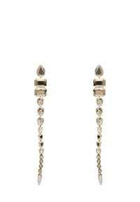 Náušnice ve zlatavém tónu se sestavou průhledných a šedých broušených kamenů v různých tvarech, včetně kapky a obdélníku, s pohyblivým designem.